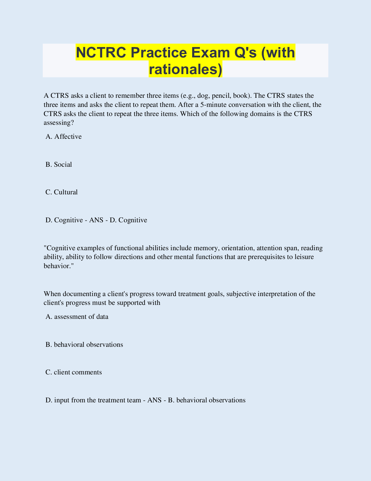 Preview of NCTRC Practice Exam Q's (with rationales)